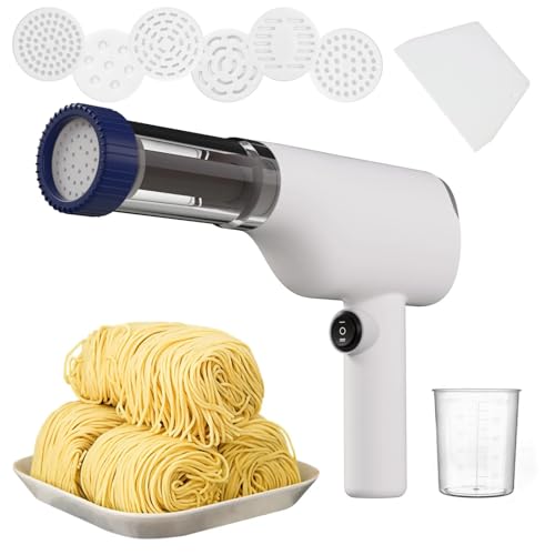 Bushora Pasta Maker Machine, 6-in-1 Cordless Noodle Maker with USB Charging,6 Interchangeable Molds, Portable Electric Dough Press for Homemade Spaghetti, Ramen, and Udon