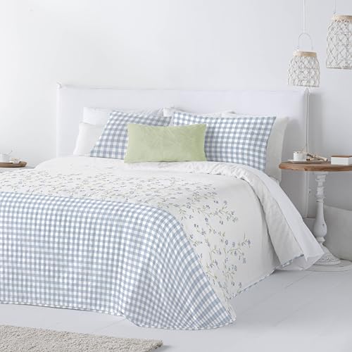 Colcha Bouti Reversible | Estampado Reversible | Relleno Ligero 100g para Verano | Cama de 90-180x270cm | Set con Fundas de Cojín | Esquinas Redondeadas | Cyntia Azul