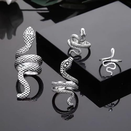 JNTMIKUN Snake Ring, Punk Schlange Ring Set Vintage Schlangenring Schlangen Legierungsring Für Frauen Und Herren Silber (4er Pack)