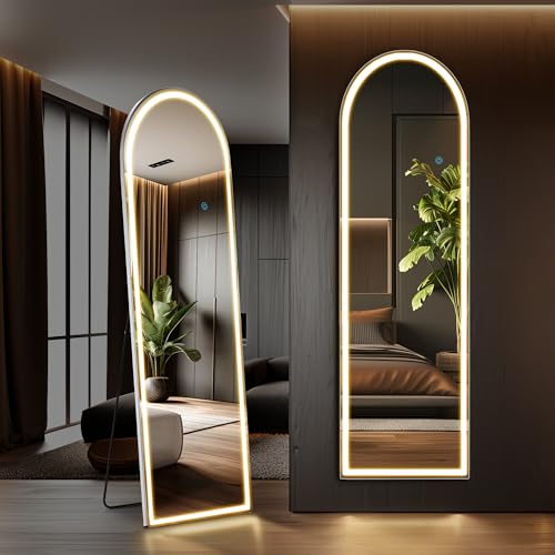 Sweetcrispy Full Length Mirror with LED Lights, 60"x16" Lighted Floor Mirror with Dimming & 3 Color Lighting, Stand for Bedroom, Dressing Room, Arched