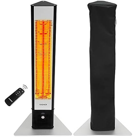 VASNER HeatTower schwarz + AirCape schwarz - Infrarot Standheizstrahler 2500 Watt mit Abdeckhaube, Heizstrahler Terrasse, 4 Heizstufen, Fernbedienung, Terrassenstrahler elektrisch, IP65 Outdoor Schutz Cover