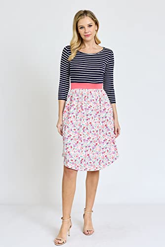 Image of Eloges Women's 3 /4 Sleeve Contrast Waist Band Floral Curved Hem Midi Dress