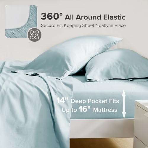 Comfort Spaces 100% Cotton Sheets Queen, Breathable, Soft Cotton Sheets, Naturally Cool Cotton Bed Sheets with 14" Elastic Pocket Fits up to 16" Mattress, All Season Sheet Set, Light Blue 4 Piece