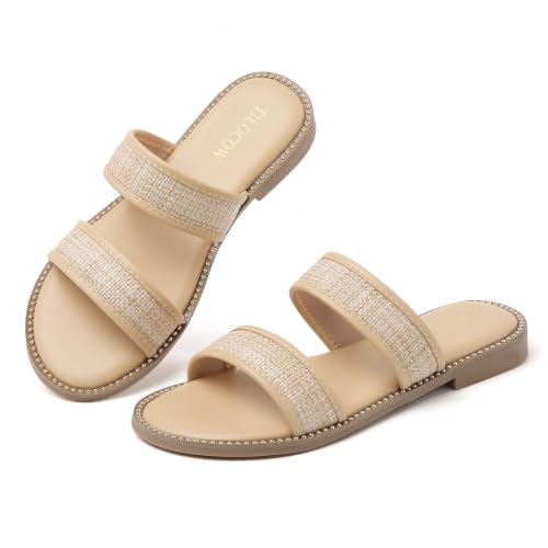 Image of Tilocow Women's Flat Sandals Two Strap Summer Dressy Studded Slide Sandals Open Toe Cute Casual Slip on Comfort Shoes for Beach Travel Daily Wear