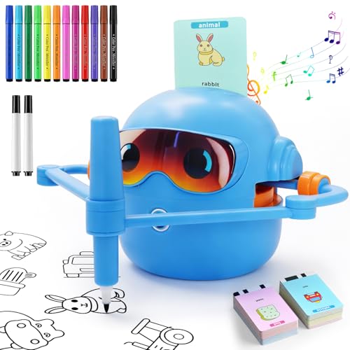 KRYSTHIA Drawing Robot for Kids Voice Interactive Educational Drawing Machine with 100 Word Cards & 12 Colour Pens Montessori Learning Toy for Ages 3-8 for Boys & Girls (Blue)