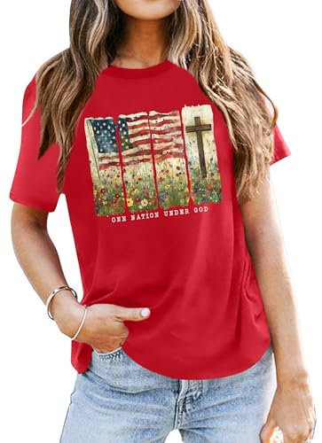 Image of Ithalt Christian Tshirt Womens 4th of July Shirt American Flag T Shirt USA Patriotic Tees Faith Short Sleeve Tops