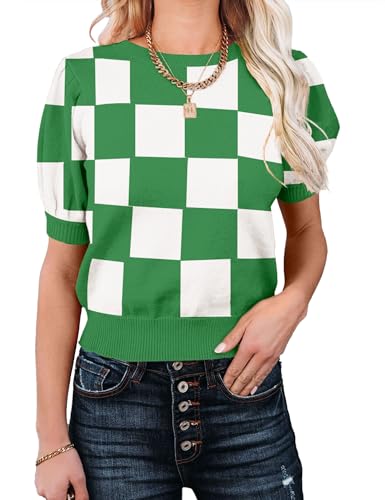 Image of Womens Puff Short Sleeve Sweater Tops Crewneck Basic Knit Pullover Lightweight Casual Sweaters