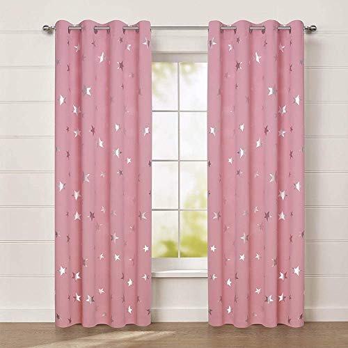Anjee Kids Curtains for Girls Bedroom Foil Print Star Curtains for Room Darkening Nursery Blackout Curtains Window Drapes W38 x L72 inches 2 Panels Baby Pink