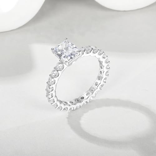 MDFUN 18K White Gold Plated Rectangle Cut Cubic Zirconia Promise Wedding Engagement Rings Eternity Band for Women Size 5-103