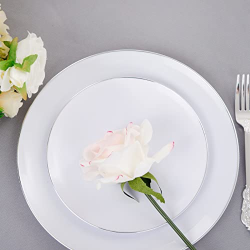 KIRE 100PCS Silver Plastic Plates - Heavy Duty White Disposable Plates with Silver Rim for Party/Wedding - Include 50Pcs 10.25inch Dinner Plates and 50Pcs 7.5inch Dessert Plates