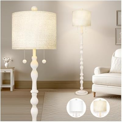 Scenekoy 65.5” Natural Real Wood Floor Lamp for Living Room Bedroom, Dual S Cluster Socket, Pull Chains Switch, Farmhouse Tall Standing Lamp with Linen Shade for Home Room Decor (Bulbs Included)