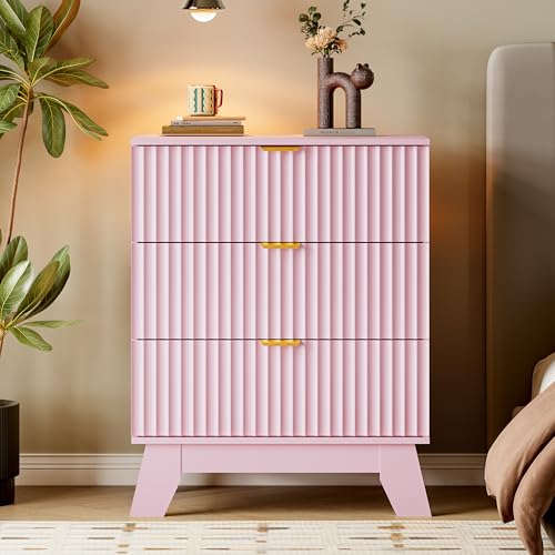 Image of BORNOON Fluted 3 Drawer Dresser, 30.3 inch Tall Compact Modern Boho Chest of Drawers, Wooden Storage Cabinet for Bedroom, Living Room, Entryway, Curved Profile Design