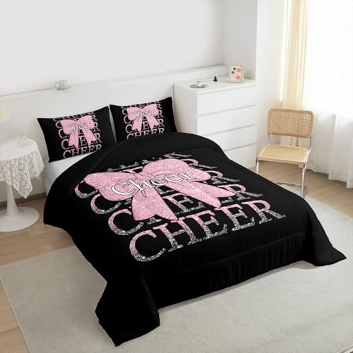 Image of Feelyou Cheer Bow Bedding Set Soft for Boys Girls, Cheerleader Comforter Set King Size Funny Sport Duvet Quilt Microfiber Light Pink Bedroom Decor 3 Pcs with 2 Pillow Cases