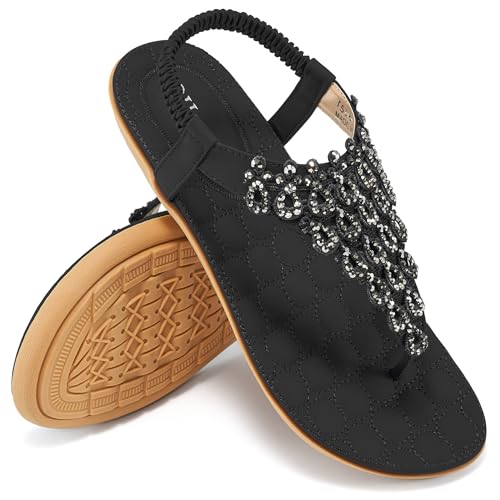 HARENCE Womens Summer Flats Sandals: Casual Bohemian Dressy Thong Flat Shoes Comfortable Slip on Elastic Ankle Strap Beach Sandal