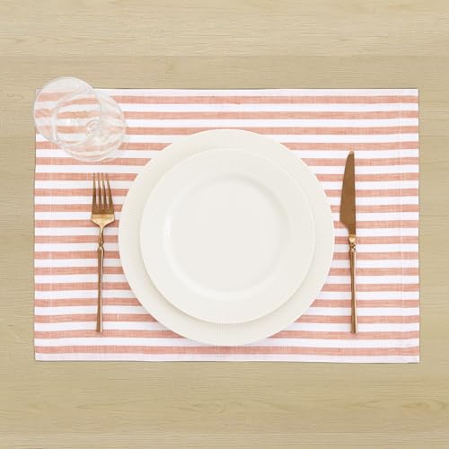 Image of Solino Home 100% Pure Linen Placemats, 14 x 19 in, Orange Striped, Set of 4