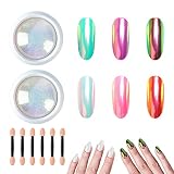 PuzzleBox 2Pcs Mermaid Chrome Nail Powder,Neon Iridescent Chrome Nail Powder,Symphony Mermaid Pearl