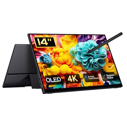 Image of 14 inch 4K Portable Monitor OLED, Touch Screen Monitor UHD 3840X2400p 100% DCI-P3 100000:1, USB-C HDMI Travel Monitor with Kickstand & Sleeve for Laptop Mac PC