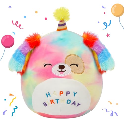Easfan 8’’ Rainbow Birthday Dog Plush Pillow Soft Puppy Plush Toy Cute Dog Stuffed Animal Birthday Gifts for Kids Toddlers