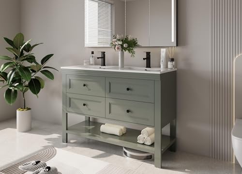 eclife 48' Bathroom Vanity with Sink Combo, Modern Painted Vanities Cabinet with Big Drawers, Opening Bottom Shelf, Raised Foot Pads, Include Undermount White Sink, Faucet & Drain, Green-1