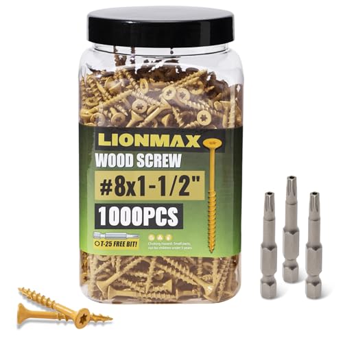 Image of LIONMAX Wood Screws 1-1 /2 Inch, Deck Screws #8 x 1-1 /2 inch, 1000 PCS, Rust Resistant, Epoxy Coated, Exterior Wood Screw, Outdoor Decking Screws, Torx /Star Drive Head, T25 Star Bit Included, Tan