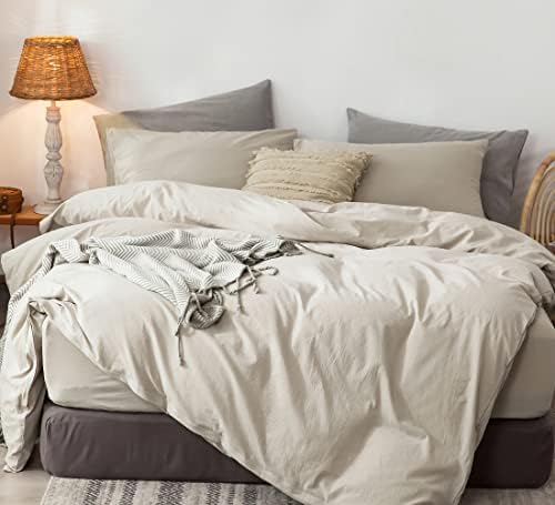 MooMee Bedding Duvet Cover Set 100% Washed Cotton Linen Like Textured Breathable Durable Soft Comfy (Cream Grey, King)
