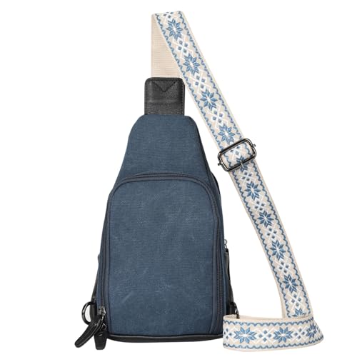 Indie Aztec Concealed Carry Sling Bag – Canvas & Leather Crossbody with Adjustable Strap, Ambidextrous Access, Zipper Closure, and Universal Holster (Blue)3