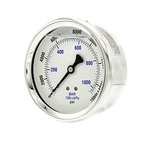 Liquid Filled Center Back Mount Pressure Gauge with 4" Dial, 0-15000 PSI, 1/4" Male NPT Connection, Stainless Steel CASE and Bezel (1)