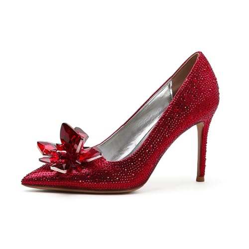 Escarpins à Talons Aiguilles en Cristal Cendrillon à Bout fermé pour Femmes, Talons Aiguilles Hauts pour Femmes, Chaussures de soirée de Mariage,Rouge,42 EU