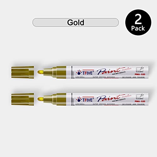 Tfive Gold Permanent Paint Marker Pens - 2 Count Oil Based Marker Pen, Medium Tip, Waterproof & Quick Dry, For Office, Art Projects, Rock Painting, Ceramic, Glass, Wood, Plastic, Metal, Canvas #TOP6