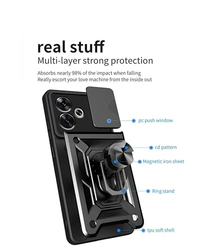 Image of SPAZY CASE Realme 14T 5G Back Cover | Heavy Duty Hybrid Case with 360 Degree Rotating Finger Ring Holder + Slider Shutter Camera Protection Case for Realme 14T 5G - Black