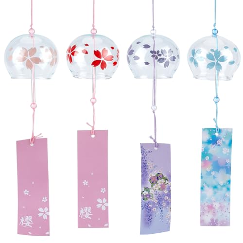 WEBEEDY Campane a vento giapponesi in vetro con fiori di ciliegio, fatte a mano, romantiche campane a vento per interni ed esterni, decorazione giapponese da appendere per auto, giardino, patio