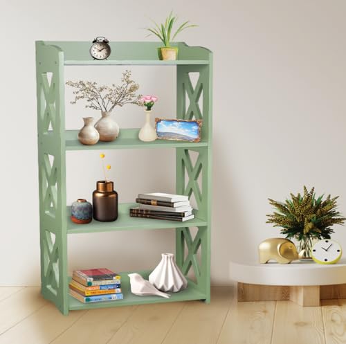 Image of Green Bookcase by Natural Wood, 4 Tier Bookshelf, Small Book Shelves Freestanding Display Storage Shelves. Open Bookshelf for Bedroom, Living Room and Office (Green, 4 Tier)