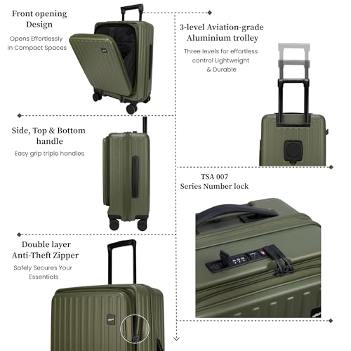 Image of F Gear Montreal Small Cabin Pro 54cm German Polycarbonate Hard Luggage |8 Japanese Hinomoto Silent Wheels|USB & Type-C Charging | Front Opening Suitcase for Travel (Army Green)