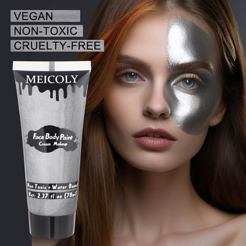 image for MEICOLY Metallic Silver Face Body Paint for Tin Man Makeup,2.37Oz Larg