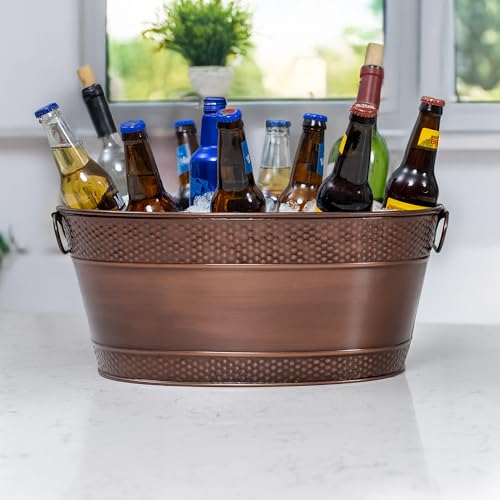 BREKX Galvanized Beverage Tub for Parties, Oval Drink Bucket with Handles, Colt Copper Finish Wine Cooler Bucket for Home Bar (15-Quarts, 16-Bottles), Long-Lasting for Years of Celebrations