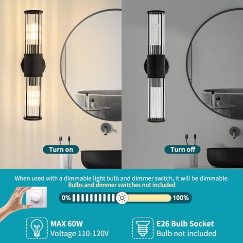 Image of Black Wall Sconce Bathroom Vanity Light Fixtures for Mirror, Modern Wall Light with Glass Rod Shade for Bathroom, Bedroom, Hallway, Living Room - Bulb Not Included