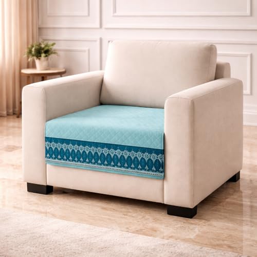 Image of KINGLY Sofa Cover for 1 Seater | Quilted Velvet Seat Cover | Anti-Slip Sofa Mat with Back Elastic | Thick Fabric Sofa Protector | Washable Couch Cover | Mint Blue