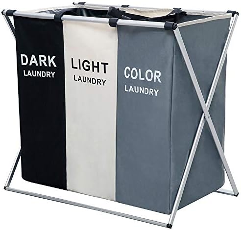 Nicesail 3 Section Laundry Basket Printed Dark Light Color, Foldable Hamper/Sorter with Waterproof Oxford Bags and Aluminum Frame, Washing Clothes Storage for Home, Dormitary