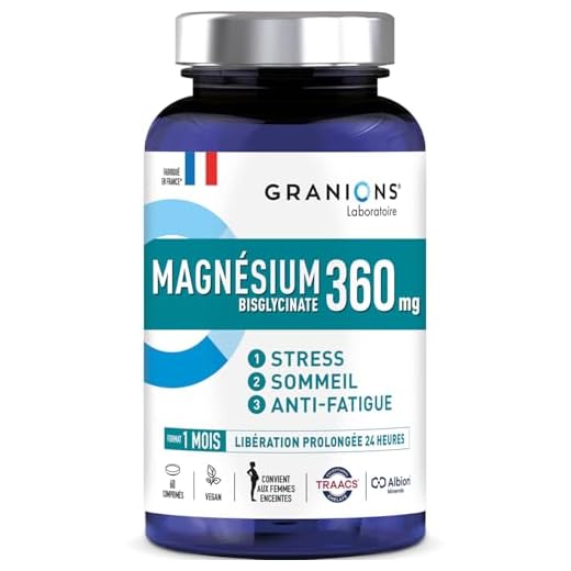 MAGNESIUM BISGLYCINATE 360 MG - GRANIONS - Magnesium Fort Dosage + Vitamine B6 - Anti Stress Adulte - Magnesium Bisglycinate 360 MG - Stress Fatigue - Magnesium 60 Comprimés - Fabriqué en France