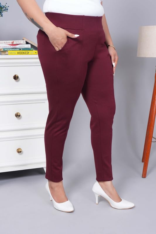 Image of Mlada Women's Solid Cotton Lycra High Waist Ankle Length Tummy Tucker Jeggings Trouser with 2 Side Pockets | Office Wear Summer Pants | Regular Fit, Stretchable, Comfortable & Stylish Everyday Bottoms