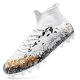 TUGONVAC Boys Girls Soccer Cleats Kids High-top Football Cleats Non-Slip Training Soccer Shoes Lightweight Futsal, White, 3.5 Big Kid