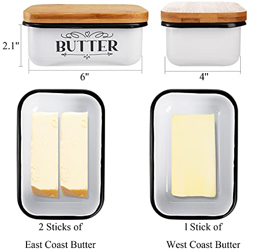 Yesland-Butter-Dish-With-Wooden-Lid-Unbreakable-Enamel-Container-Large-Vintage-Farmhouse-Style-Keeper-for-2-East-or-1-West-Coast-Sticks-White-and-Brown Yesland Butter Dish With Wooden Lid Unbreakable Enamel Container Large Vintage Farmhouse Style Keeper for 2 East or 1 West Coast Sticks White and Brown