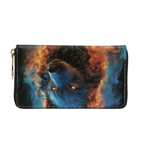 Wolf Head in Blue Flames Leather Wallet for Women Long Coin Purse Ultra Slim Credit Cards Holder Bifold Clutch4