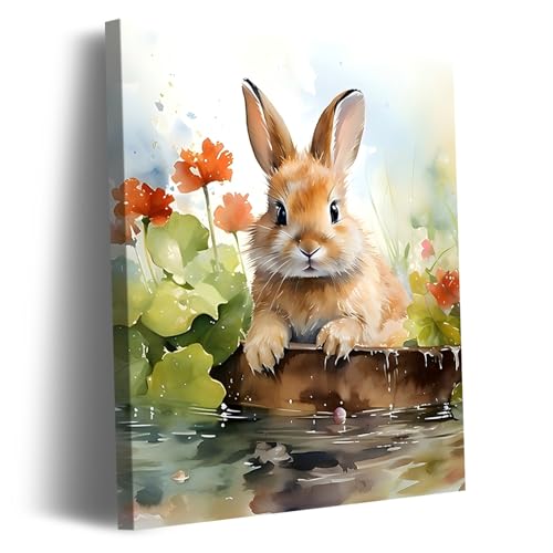 FLZYKGPA Vibrant Watercolor Orange Bunny by Water with Orange Flowers