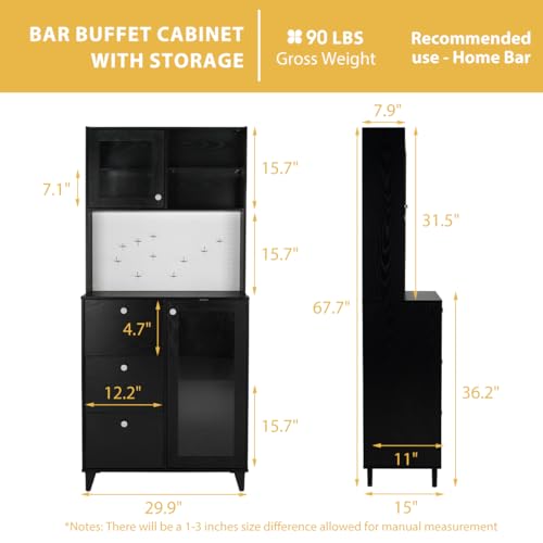 COCO DESIGN Bar Cabinet with Microwave Rack, Wine Liquor Cabinet with w/Pegboard, 10 Hooks and LED Lights, Glass Doors and 3 Drawers for Home Kitchen, Living Room and Dining Room, Black