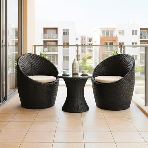 DEVOKO Liora Outdoor Conversation Backyard HDPE Wicker Furniture Set with Cushions for Small Space, Garden, Backyard, Porch, Pool (Dark Brown & Cream)