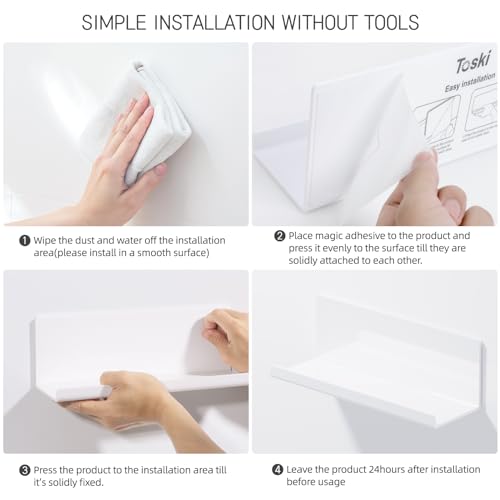 Toski Wandregal Ohne Bohren, Regal Wand Acryl 2 Stück, Schweberegal Weiss 30cm, Küchenregal Hängend zum Kleben, Schwebendes Bücherregal, Bilderleiste, Kleberegal Bad, Wall Shelf