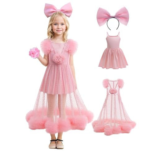 Girls Pink Princess Witch Dress with Bow Headband Floral Tulle Party Mesh Dresses
