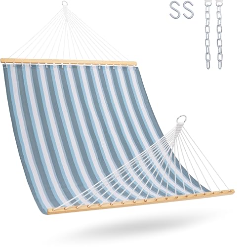 Lazy Daze Hammocks Quick Dry Hammock with Spreader Bar Textliene Fabric Double 2 Person Hammock with Chains Outdoor Patio Poolside Backyard Beach 450 lbs Capacity, Blue White Stripes by Lazy Daze Hammocks - Used condition - US$52.00