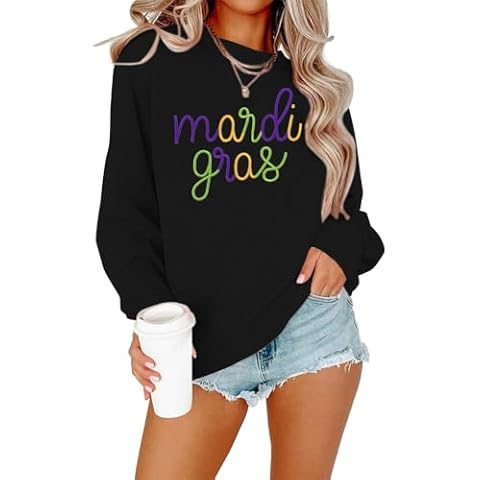 EGELEXY Mardi Gras Sweatshirt Carnival Outfits ：Women Carnival Embroidery Sweatshirts Fat Tuesday Pullover Tops Black Cover